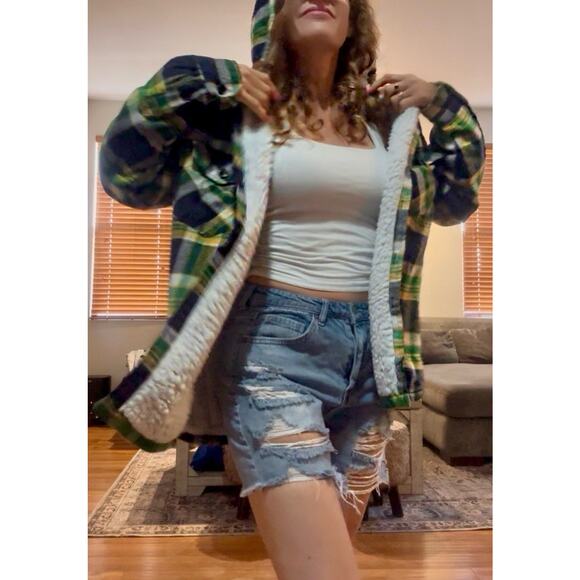 TUPAC Poetic Justice Upcycled Plaid Flannel Shacket 90s Rap Retro Vintage Sz M - Picture 2 of 9